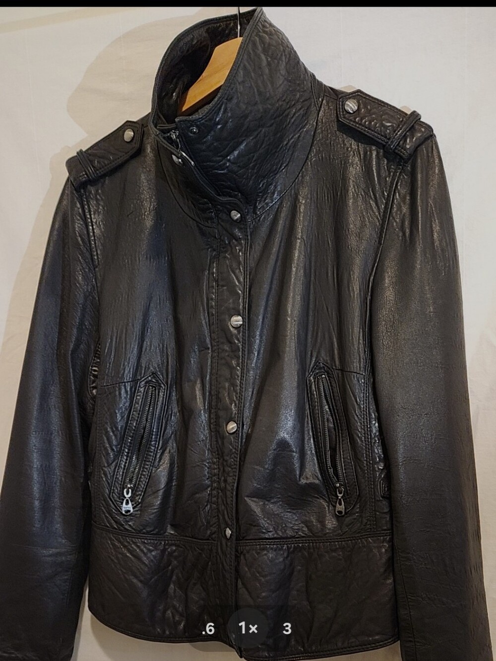 Andrew Marc Funnel Neck Black Leather High-Collar Zip Jacket